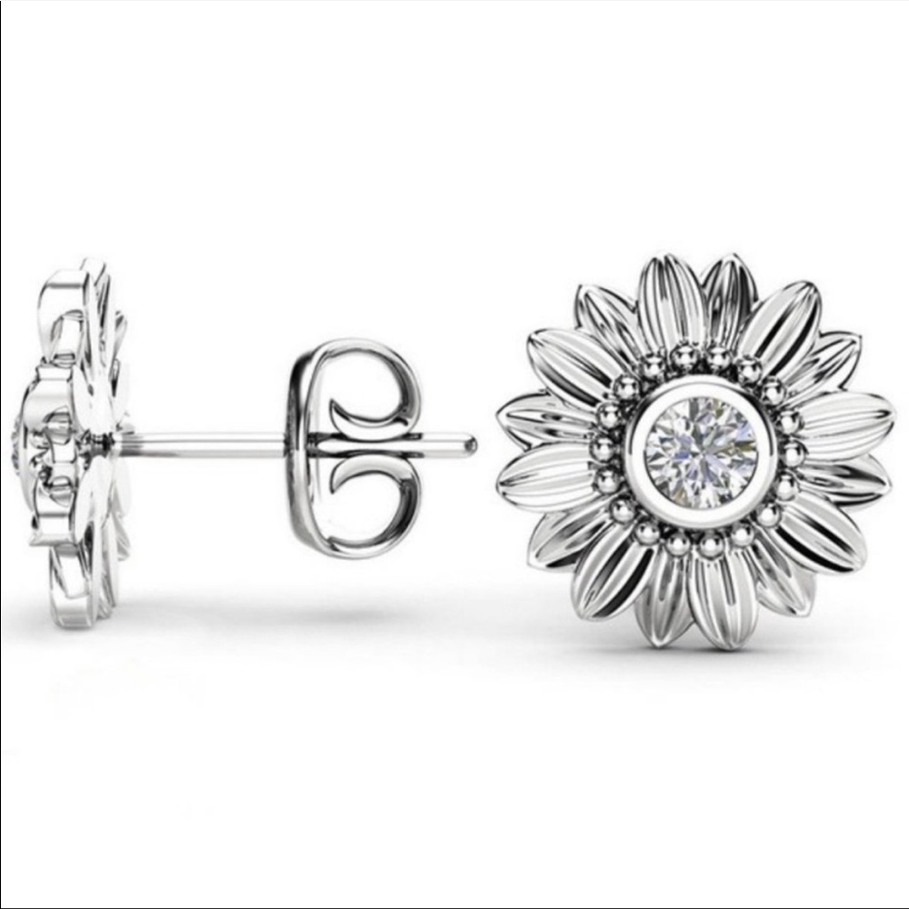 NEW STERLING SILVER DIAMOND SUNFLOWER STUD EARRINGS - Picture 2 of 3